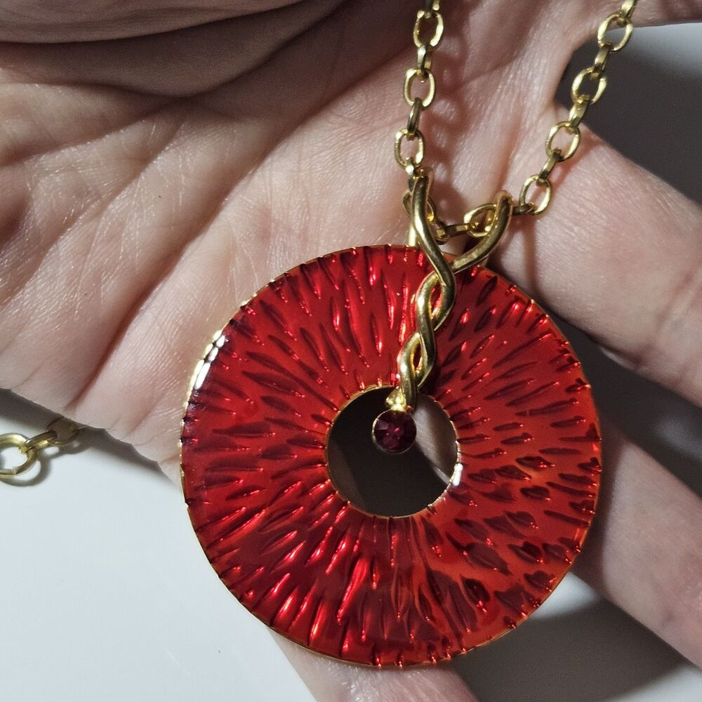 Gold Tone Red Enamel Circular Pendant Red Rhinestone Accent Necklace 16-19"